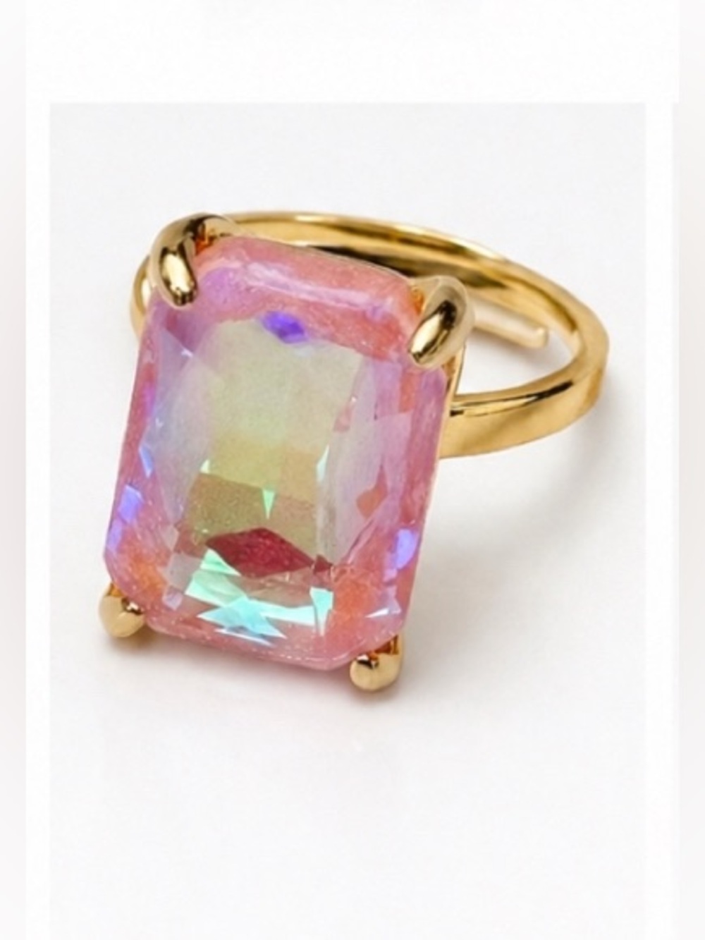 Pink AB Adjustable Brass Rectangle Glass Stone Mirror Gold Ring